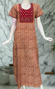 Maroon Kalamkari Pure Cotton Nighty. Pure Durable Cotton | Laces and Frills