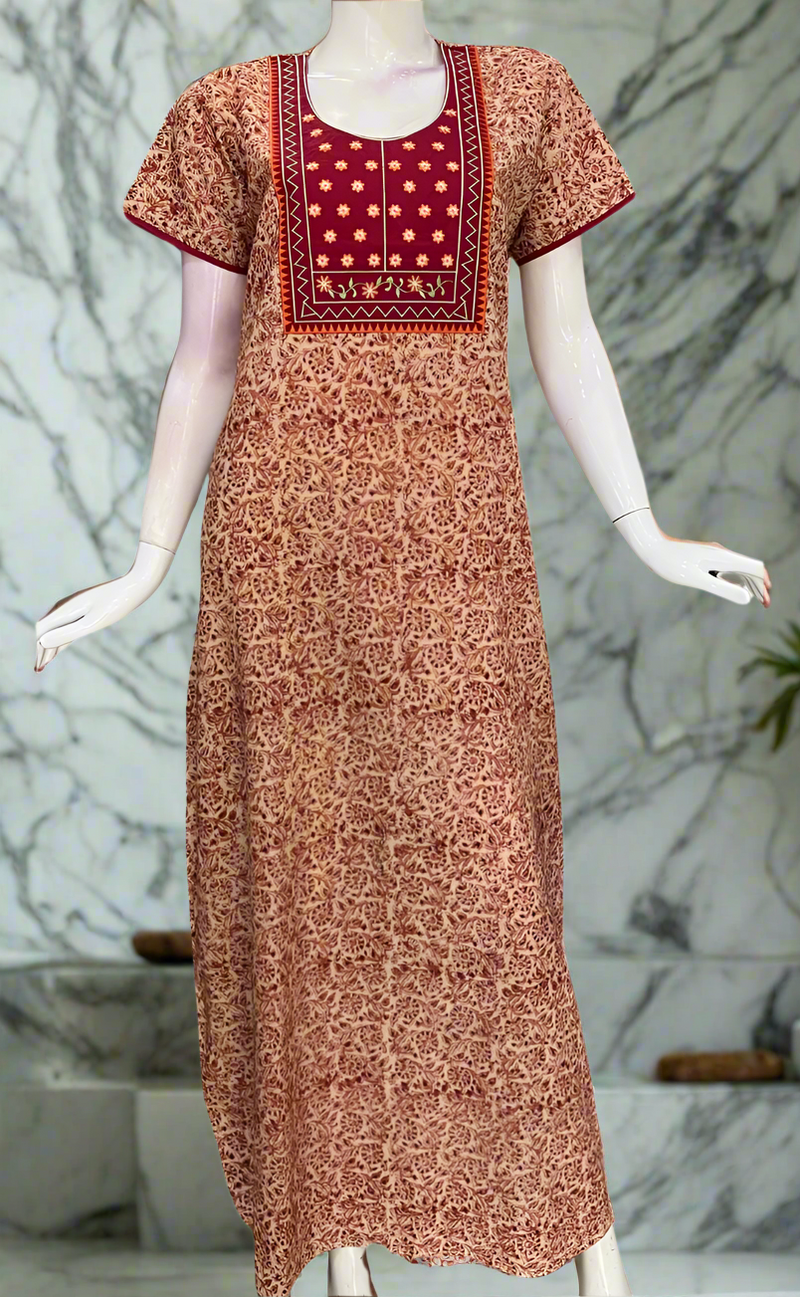 Maroon Kalamkari Pure Cotton Nighty. Pure Durable Cotton | Laces and Frills