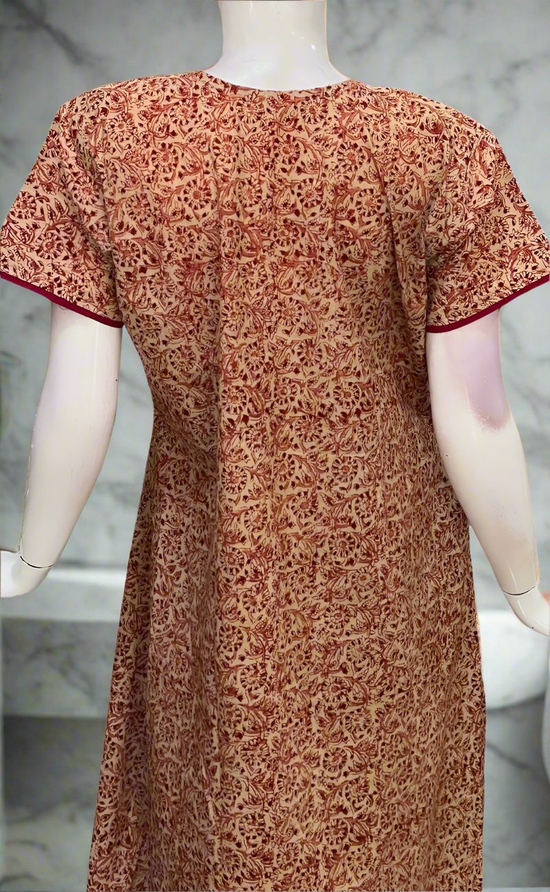 Maroon Kalamkari Pure Cotton Nighty. Pure Durable Cotton | Laces and Frills