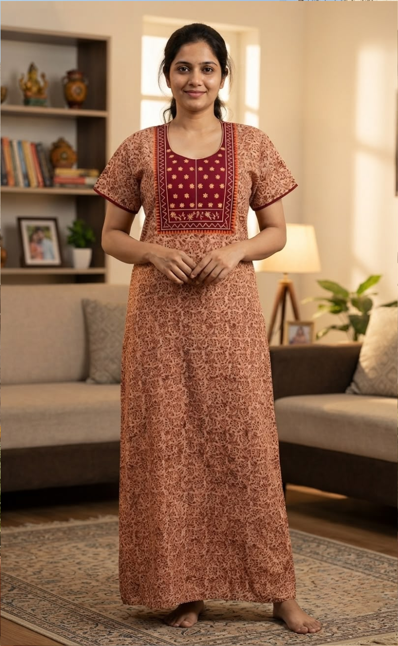 Maroon Kalamkari Pure Cotton Nighty. Pure Durable Cotton | Laces and Frills