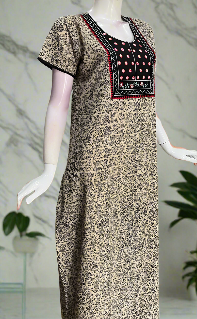 Black Kalamkari Pure Cotton Nighty. Pure Durable Cotton | Laces and Frills
