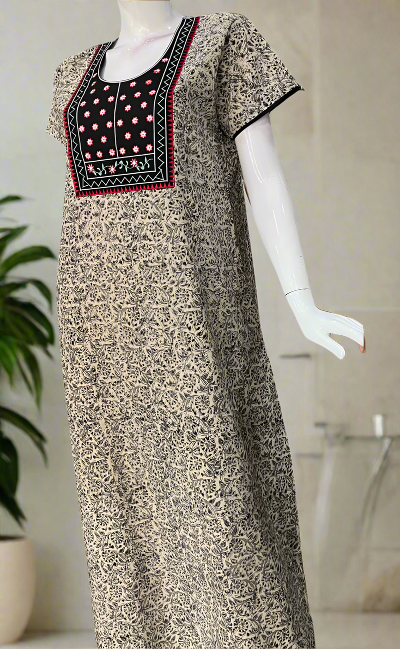 Black Kalamkari Pure Cotton Nighty. Pure Durable Cotton | Laces and Frills