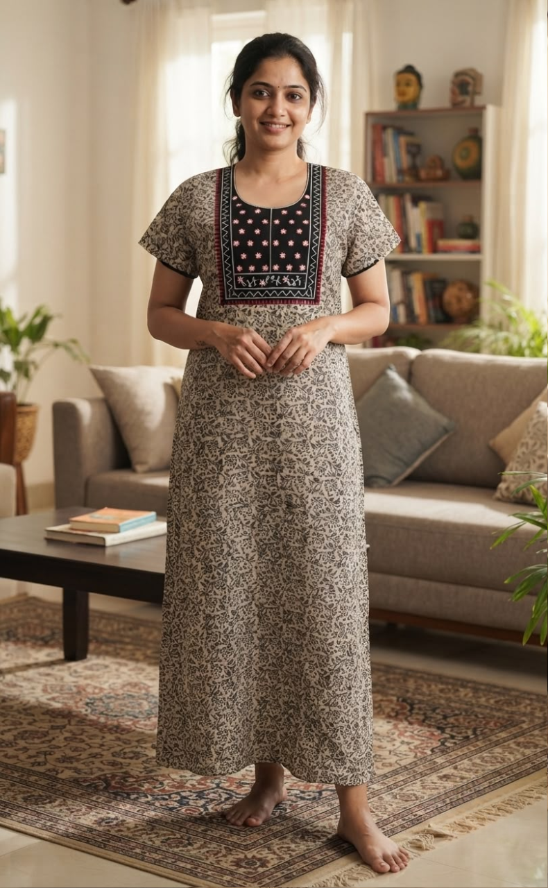 Black Kalamkari Pure Cotton Nighty. Pure Durable Cotton | Laces and Frills