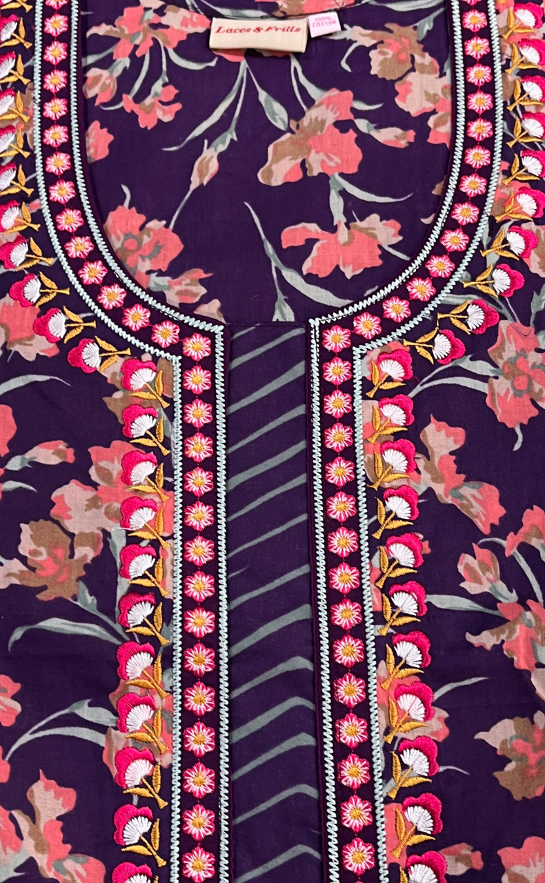 Violet Floral Pure Cotton Nighty. Pure Durable Cotton | Laces and Frills