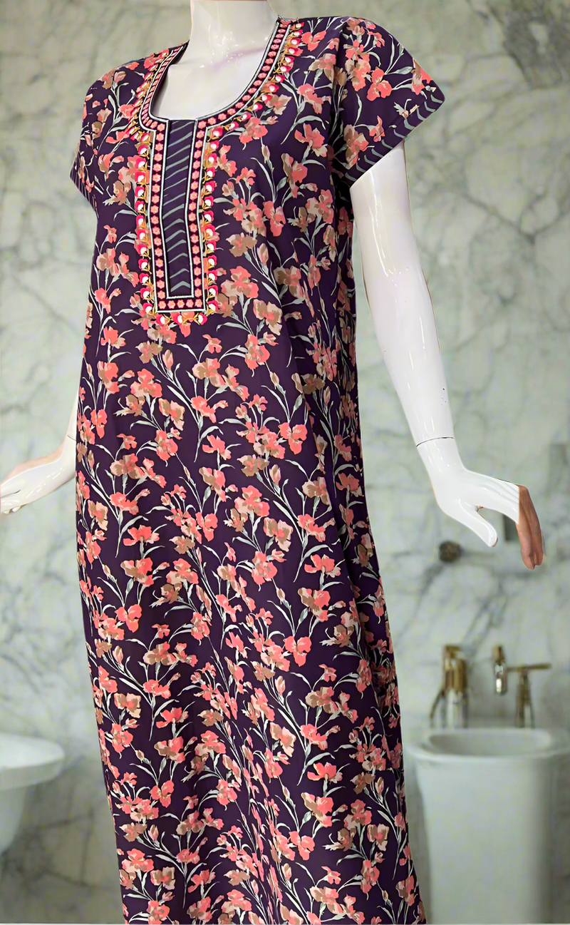 Violet Floral Pure Cotton Nighty. Pure Durable Cotton | Laces and Frills