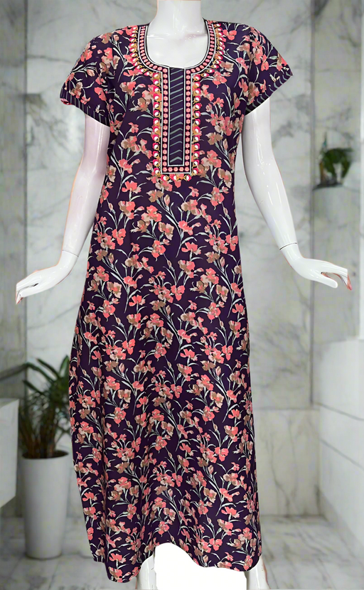 Violet Floral Pure Cotton Nighty. Pure Durable Cotton | Laces and Frills