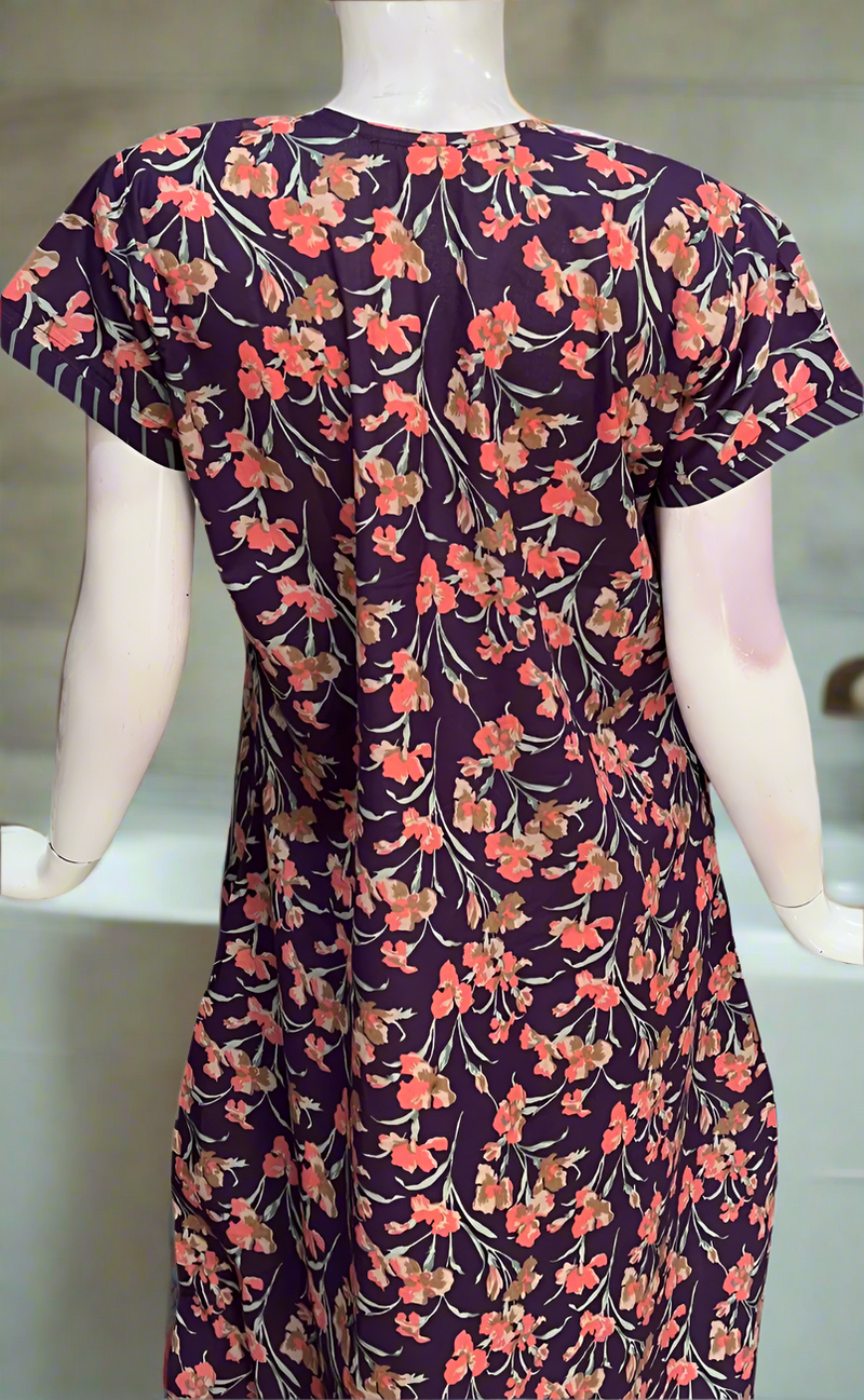 Violet Floral Pure Cotton Nighty. Pure Durable Cotton | Laces and Frills