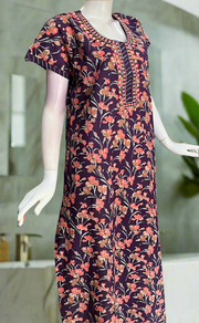Violet Floral Pure Cotton Nighty. Pure Durable Cotton | Laces and Frills