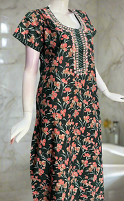 Bottle Green Floral Pure Cotton Nighty. Pure Durable Cotton | Laces and Frills