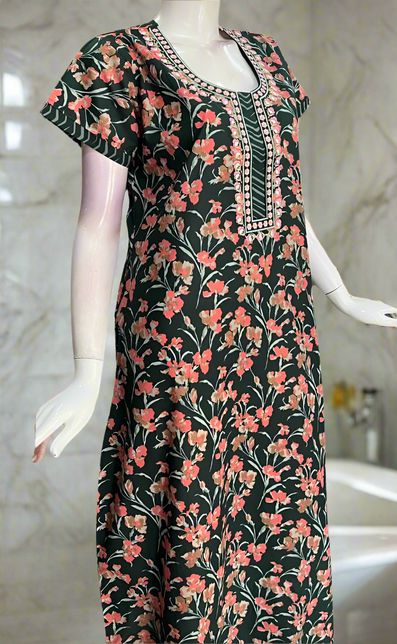 Bottle Green Floral Pure Cotton Nighty. Pure Durable Cotton | Laces and Frills