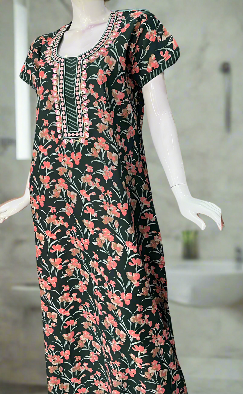 Bottle Green Floral Pure Cotton Nighty. Pure Durable Cotton | Laces and Frills