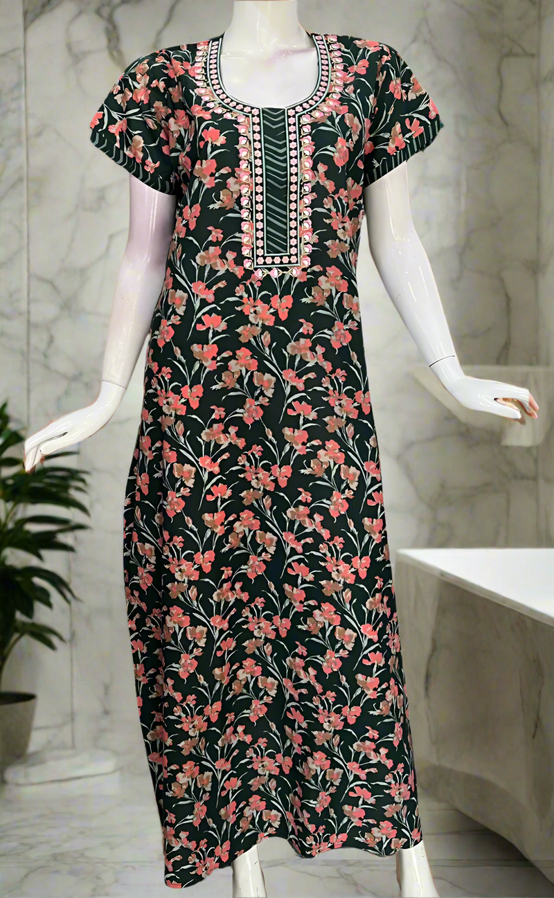 Bottle Green Floral Pure Cotton Nighty. Pure Durable Cotton | Laces and Frills