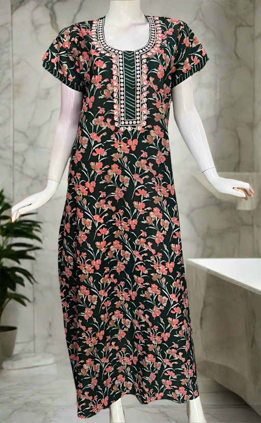 Bottle Green Floral Pure Cotton Nighty. Pure Durable Cotton | Laces and Frills