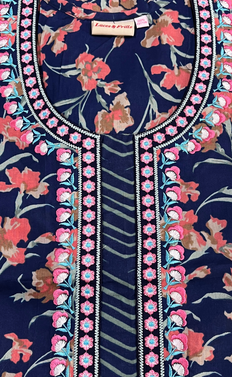 Navy Blue Floral Pure Cotton Nighty. Pure Durable Cotton | Laces and Frills
