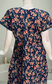 Navy Blue Floral Pure Cotton Nighty. Pure Durable Cotton | Laces and Frills