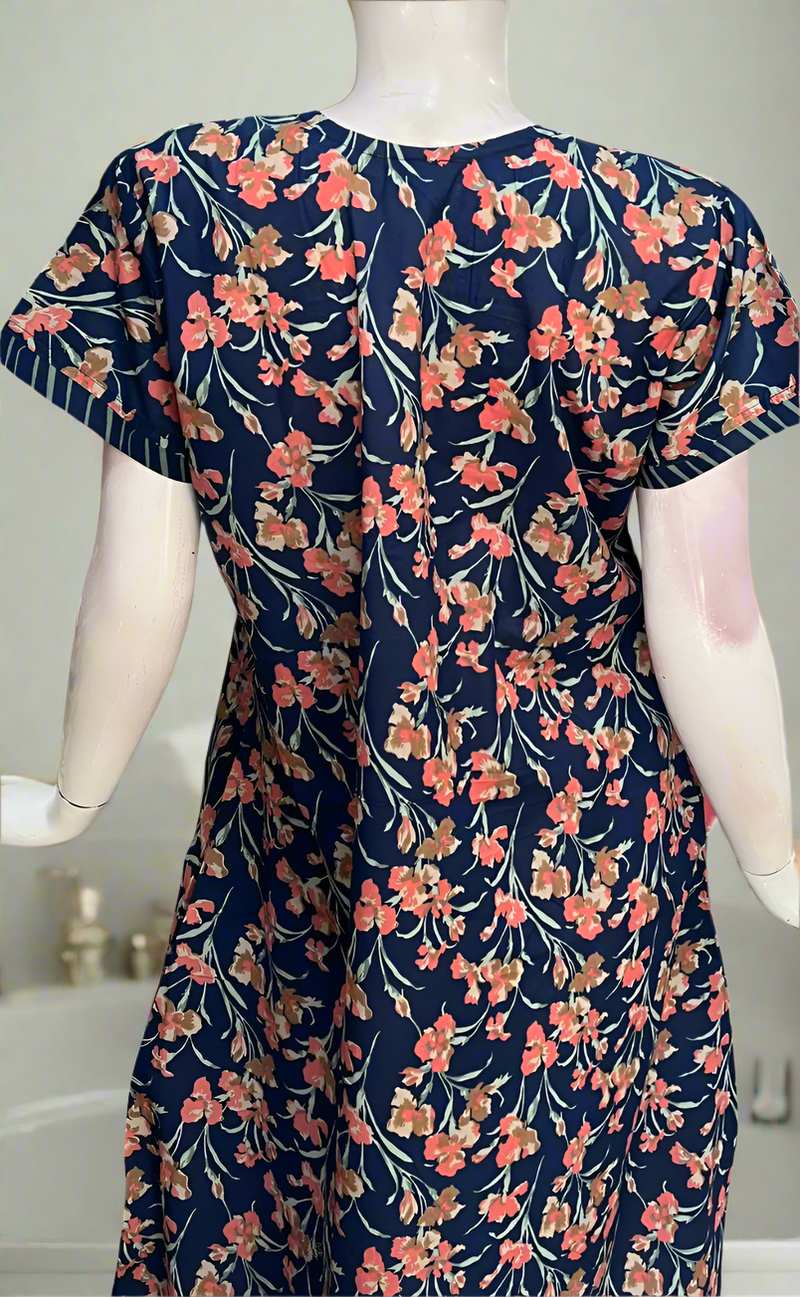 Navy Blue Floral Pure Cotton Nighty. Pure Durable Cotton | Laces and Frills