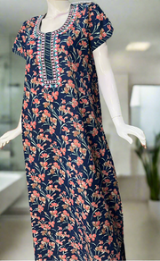 Navy Blue Floral Pure Cotton Nighty. Pure Durable Cotton | Laces and Frills