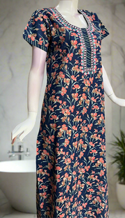 Navy Blue Floral Pure Cotton Nighty. Pure Durable Cotton | Laces and Frills