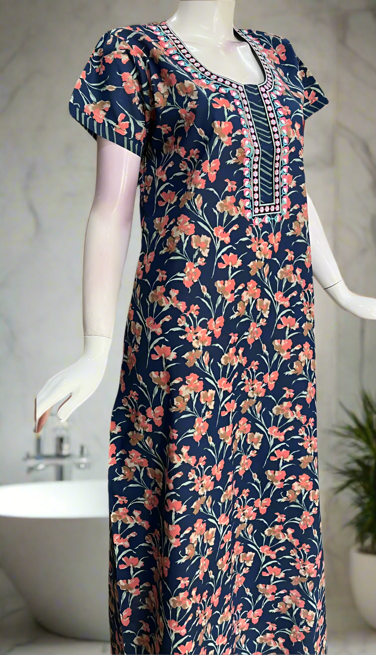 Navy Blue Floral Pure Cotton Nighty. Pure Durable Cotton | Laces and Frills