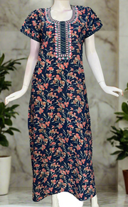 Navy Blue Floral Pure Cotton Nighty. Pure Durable Cotton | Laces and Frills