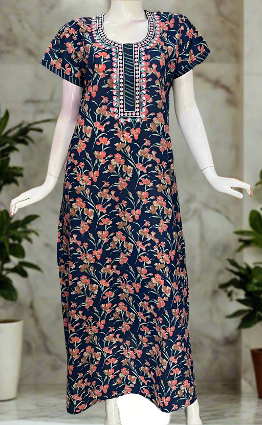 Navy Blue Floral Pure Cotton Nighty. Pure Durable Cotton | Laces and Frills