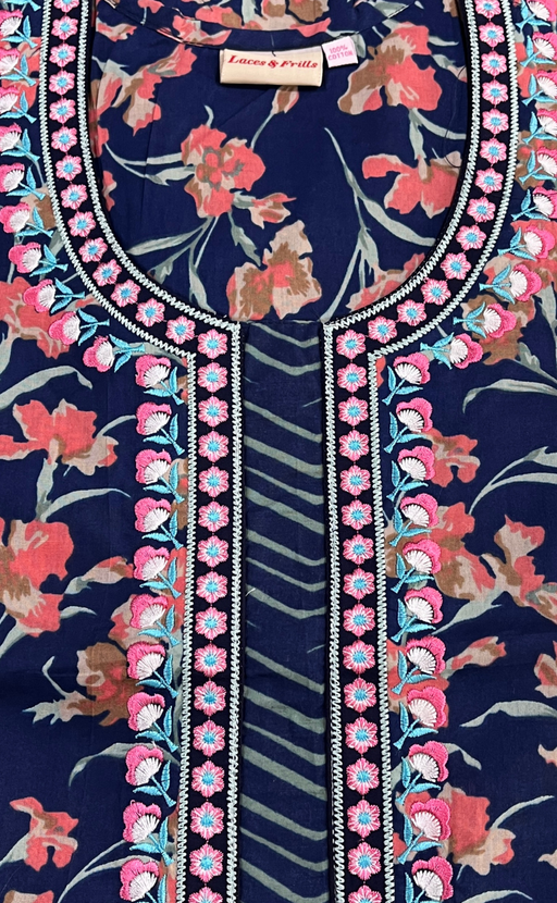 Navy Blue Floral Pure Cotton Nighty. Pure Durable Cotton | Laces and Frills