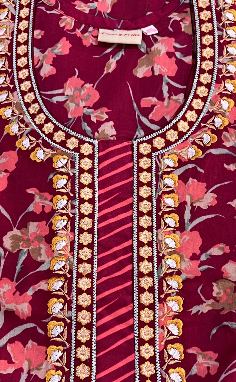 Maroon Floral Pure Cotton Nighty. Pure Durable Cotton | Laces and Frills