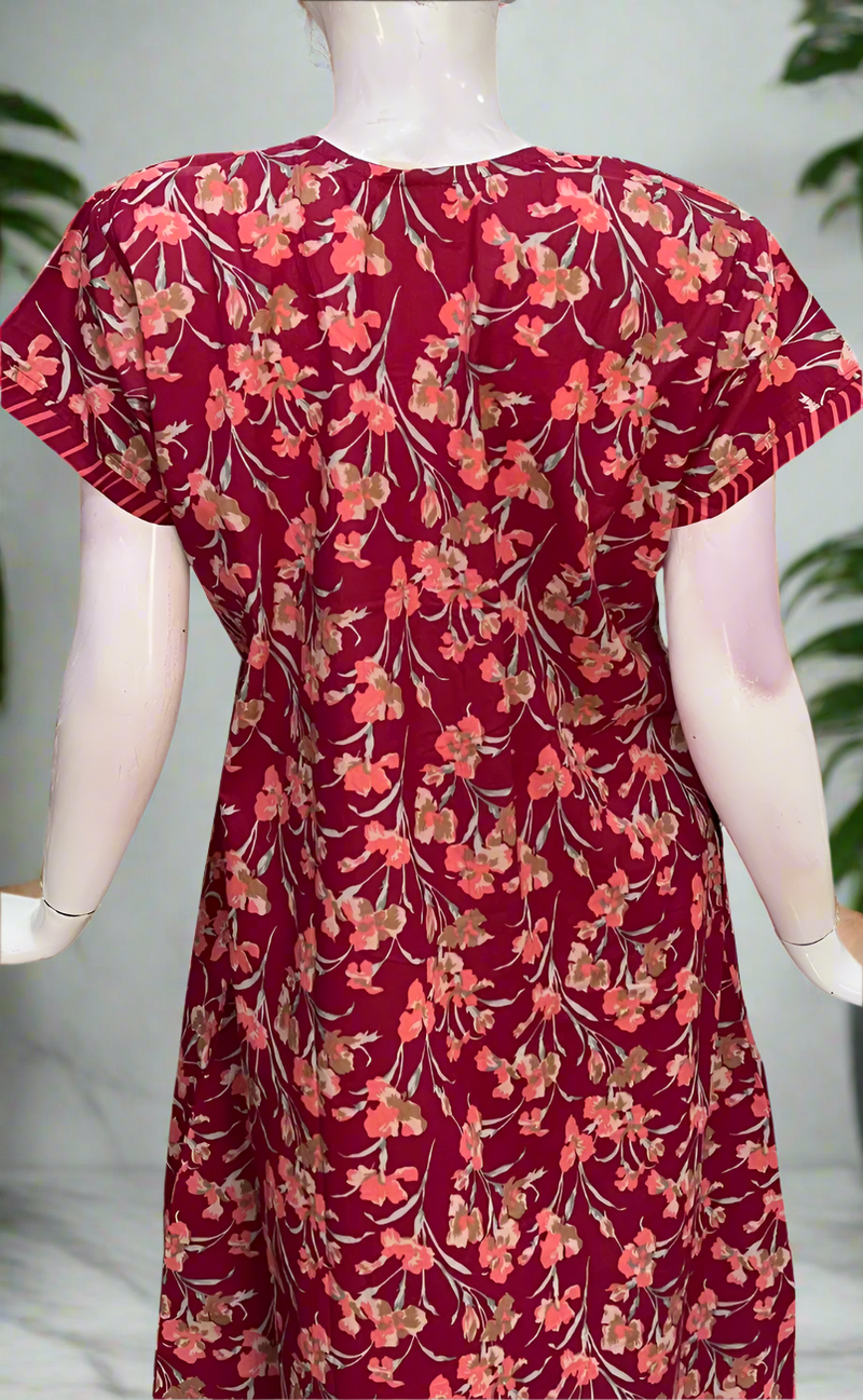 Maroon Floral Pure Cotton Nighty. Pure Durable Cotton | Laces and Frills