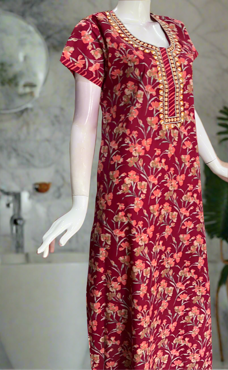 Maroon Floral Pure Cotton Nighty. Pure Durable Cotton | Laces and Frills