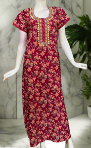 Maroon Floral Pure Cotton Nighty. Pure Durable Cotton | Laces and Frills