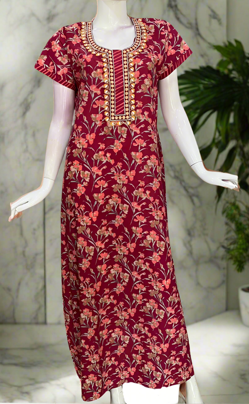Maroon Floral Pure Cotton Nighty. Pure Durable Cotton | Laces and Frills