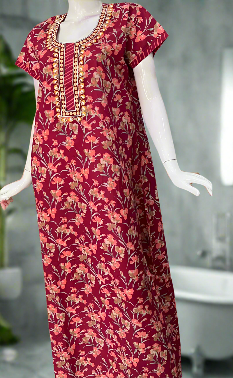 Maroon Floral Pure Cotton Nighty. Pure Durable Cotton | Laces and Frills