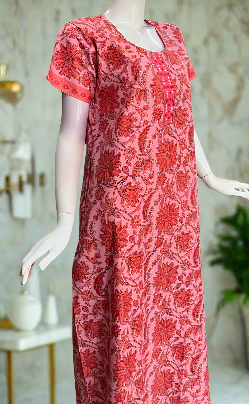 Pink/Peach Garden Pure Cotton Nighty. Pure Durable Cotton | Laces and Frills