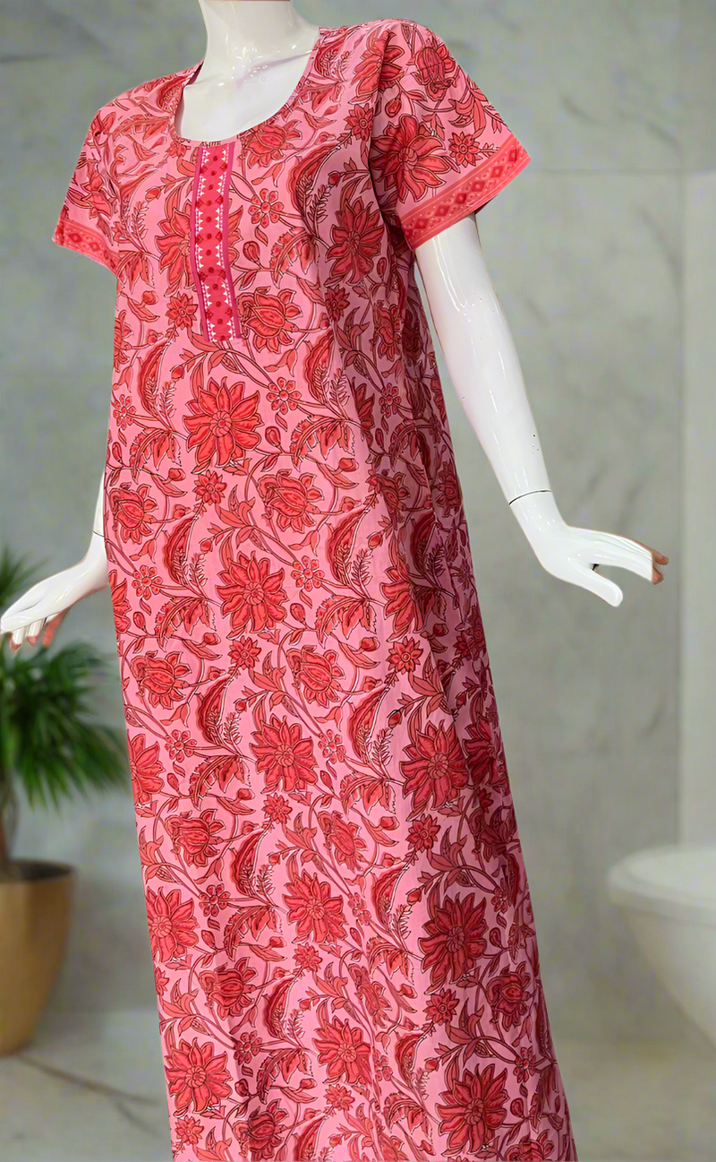 Pink/Peach Garden Pure Cotton Nighty. Pure Durable Cotton | Laces and Frills