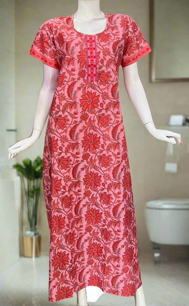 Pink/Peach Garden Pure Cotton Nighty. Pure Durable Cotton | Laces and Frills