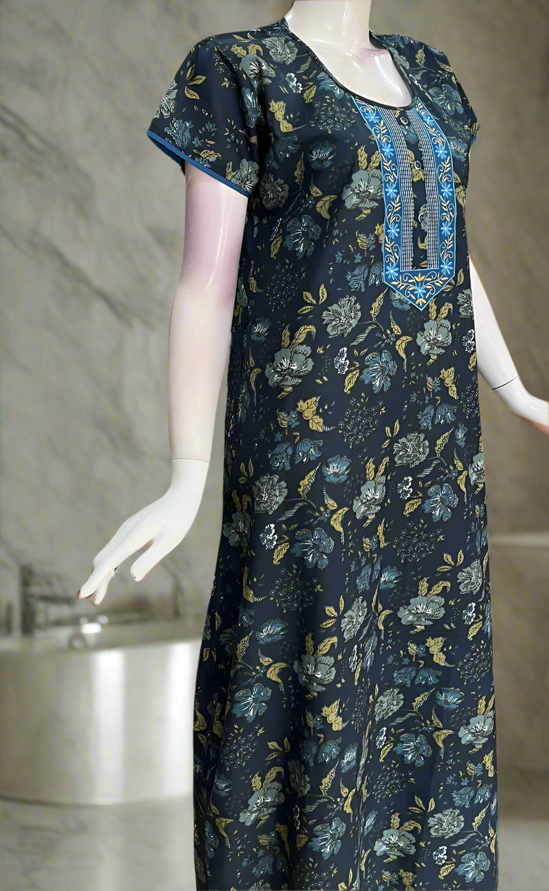 Indigo Blue Garden Pure Cotton Nighty. Pure Durable Cotton | Laces and Frills