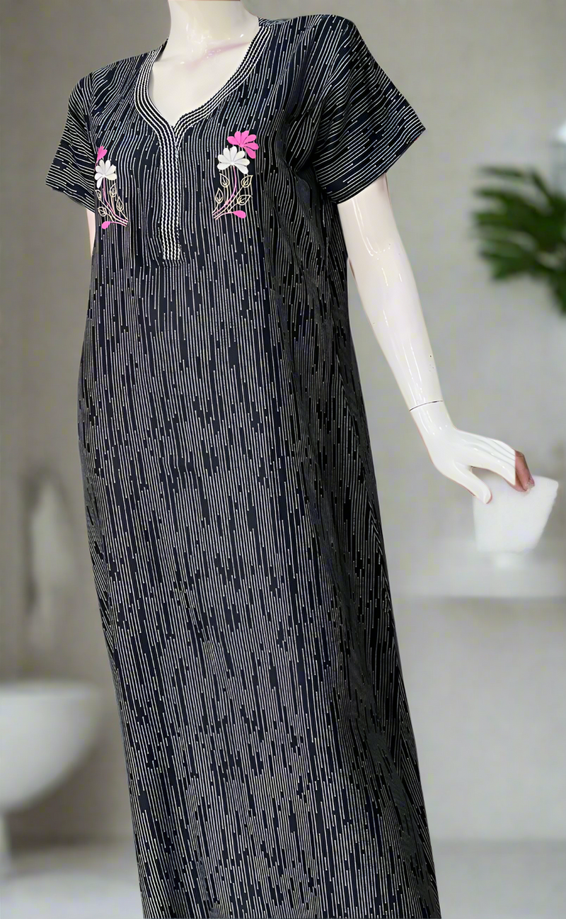 Navy Blue Stripes Spun Nighty. Flowy Spun Fabric | Laces and Frills