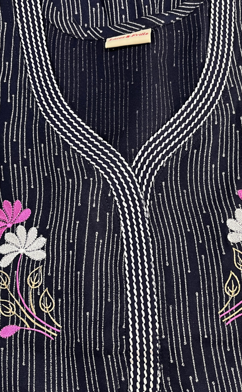 Navy Blue Stripes Spun Nighty. Flowy Spun Fabric | Laces and Frills