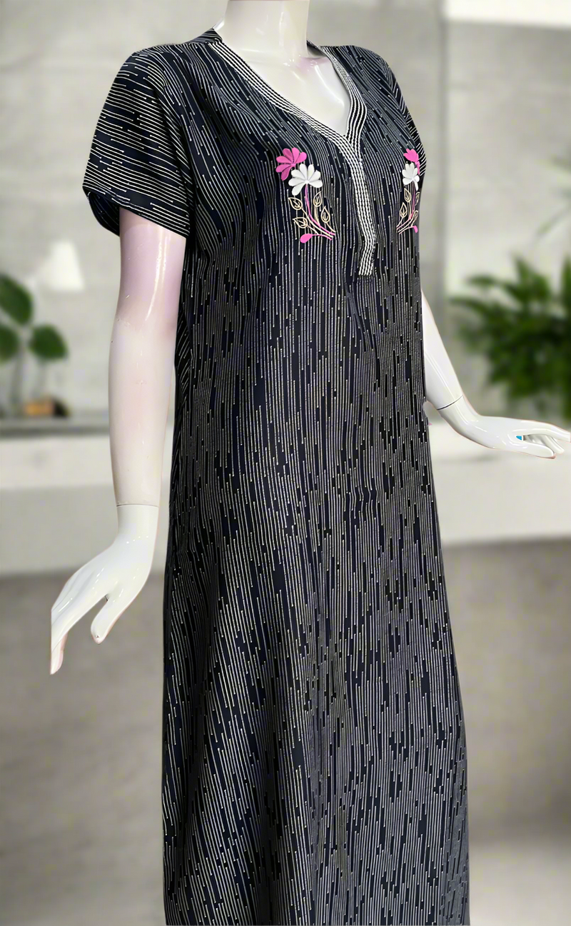 Navy Blue Stripes Spun Nighty. Flowy Spun Fabric | Laces and Frills