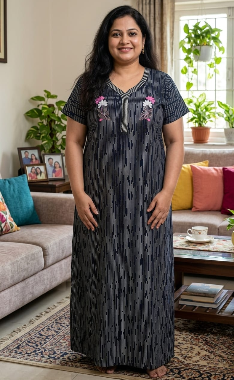 Navy Blue Stripes Spun Nighty. Flowy Spun Fabric | Laces and Frills