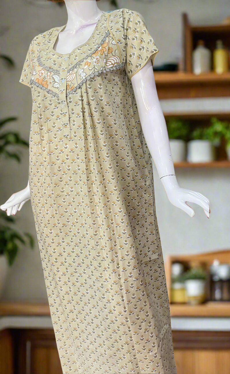 Beige Tiny Floral Pure Cotton Nighty. Pure Durable Cotton | Laces and Frills