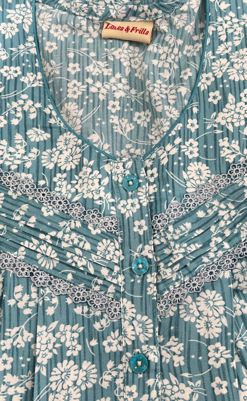 Sky Blue Floral Soft Cotton Nighty. Soft Breathable Fabric | Laces and Frills