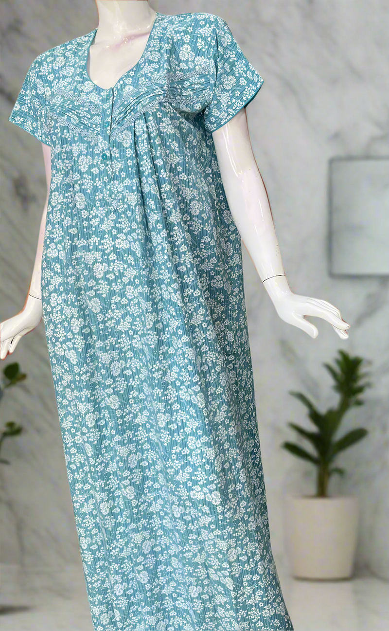 Sky Blue Floral Soft Cotton Nighty. Soft Breathable Fabric | Laces and Frills