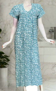 Sky Blue Floral Soft Cotton Nighty. Soft Breathable Fabric | Laces and Frills