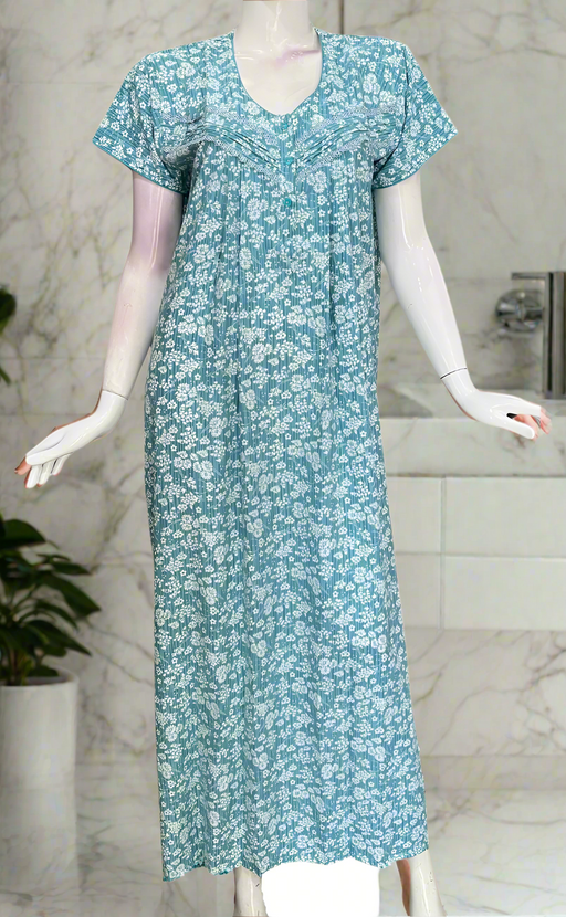 Sky Blue Floral Soft Cotton Nighty. Soft Breathable Fabric | Laces and Frills