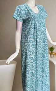 Sky Blue Floral Soft Cotton Nighty. Soft Breathable Fabric | Laces and Frills