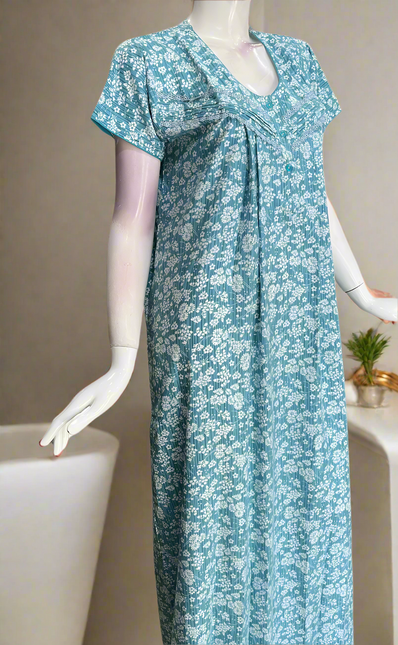 Sky Blue Floral Soft Cotton Nighty. Soft Breathable Fabric | Laces and Frills