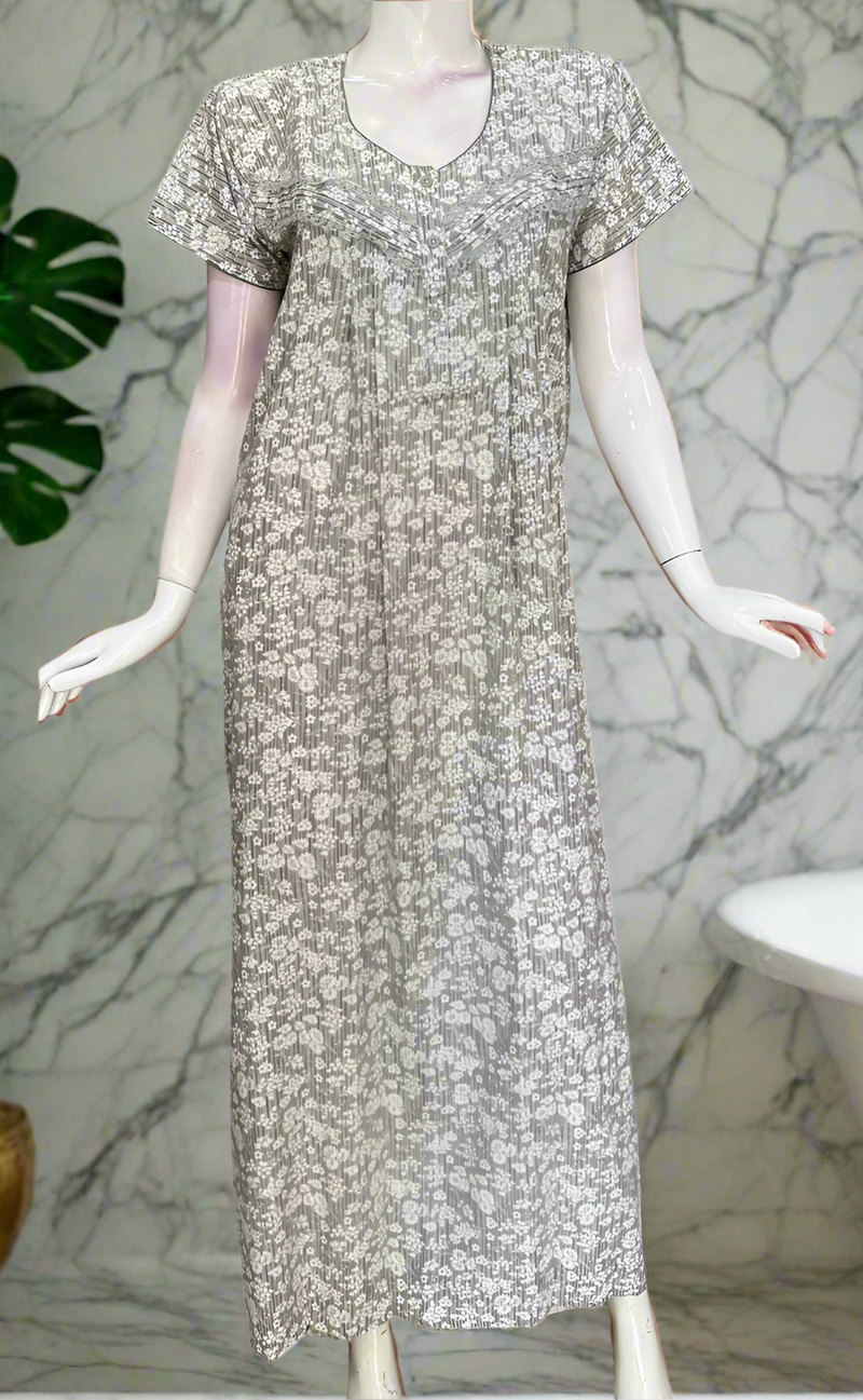 Grey Floral Soft Cotton Nighty. Soft Breathable Fabric | Laces and Frills