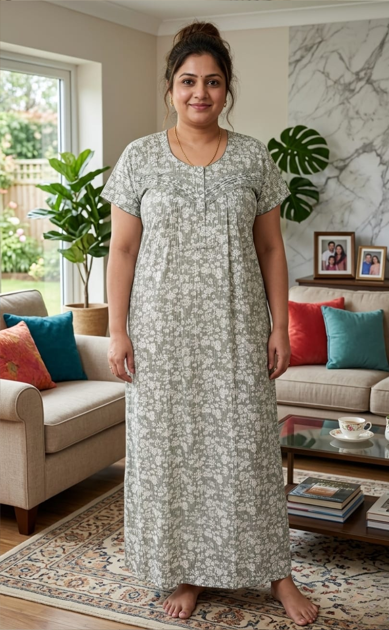Grey Floral Soft Cotton Nighty. Soft Breathable Fabric | Laces and Frills