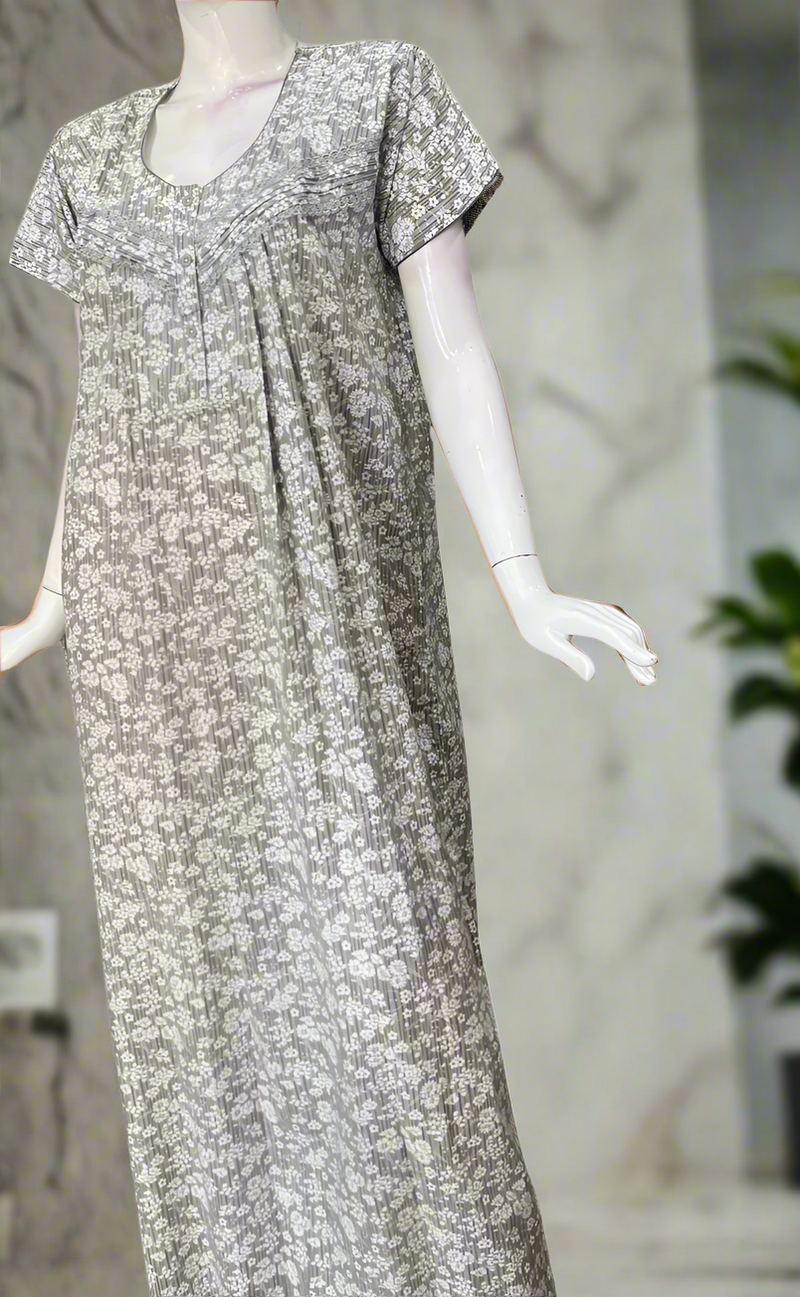 Grey Floral Soft Cotton Nighty. Soft Breathable Fabric | Laces and Frills